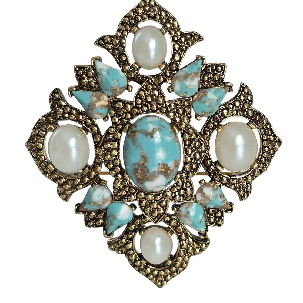 Vintage Sarah Coventry Brooch Pendant Remembrance Turquoise Pearl Cabochon